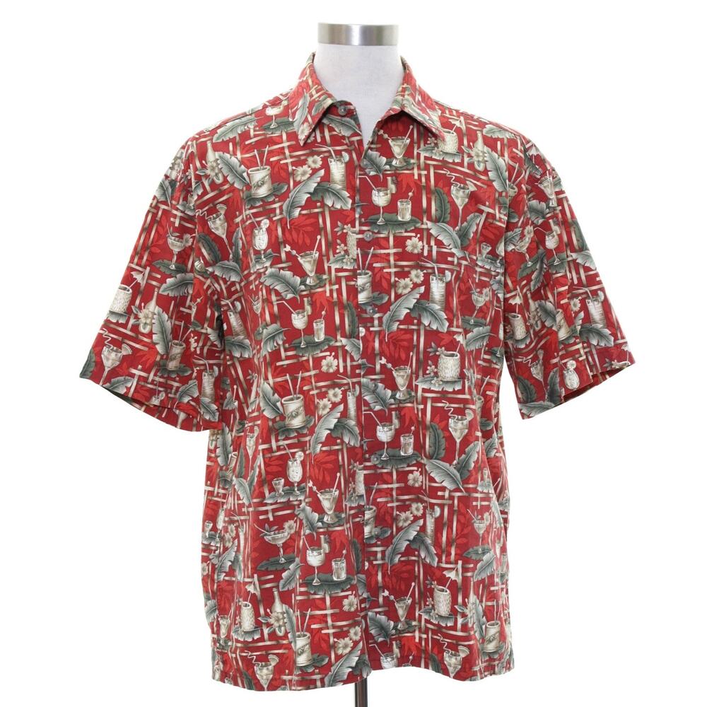 Vintage 90s Campia Men's Large Red Cocktail Print Hawaiian Aloha Shirt Cotton